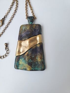 Patina Teal and Gold Wave Pendant Necklace